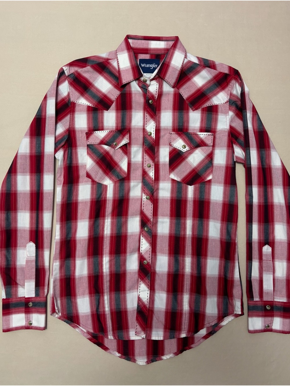 Wrangler Red White Plaid Pearl Snap Long Sleeve Western Shirt Men's Size Small